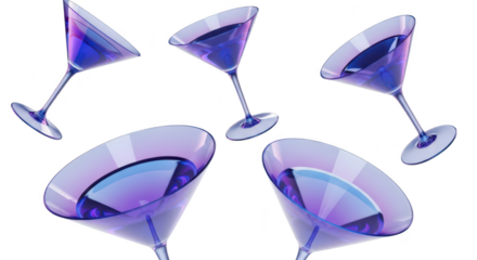 Artistic rendering of five cocktail glasses filled with purple liquid angled against a clean white backdrop perfect for celebratory designs