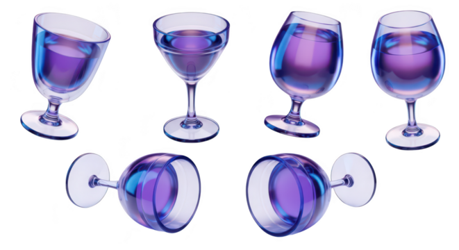 3D glasses holding purple liquid tilting on white with light and shadows perfect for product visualization and presentations