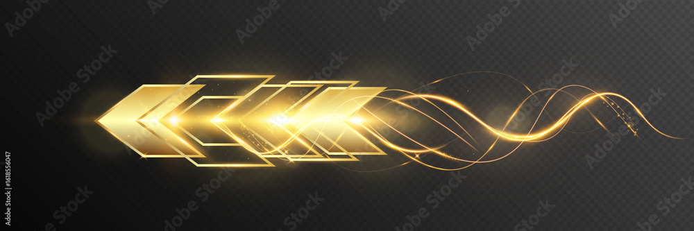 Poster golden glowing arrow with light trail, shiny dynamic tech symbol, futuristic abstract direction shap
