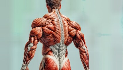 a detailed anatomical illustration showcases the complex musculature of a powerfully built human back against a muted green backdrop.