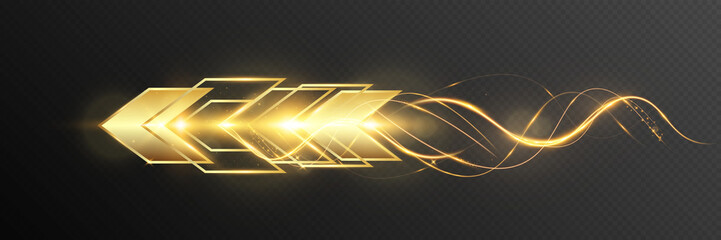 Golden glowing arrow with light trail, shiny dynamic tech symbol, futuristic abstract direction shape on dark background, fast motion speed concept.