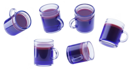 Several glass mugs filled with purple liquid tilted and floating against a clean white backdrop suggesting refreshment or beverage advertising