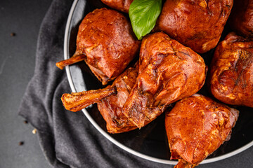 Knuckle smoked meat cooked ham roulka fresh shank delicious gourmet food background on the table rustic food top view copy space