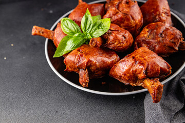 Knuckle smoked meat cooked ham roulka fresh shank delicious gourmet food background on the table rustic food top view copy space