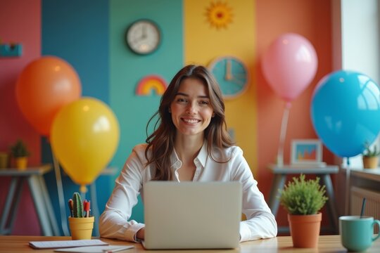 Young Businesswoman in Whimsical Interview Room Filled with Oversized Office Supplies and Quirky Decorations