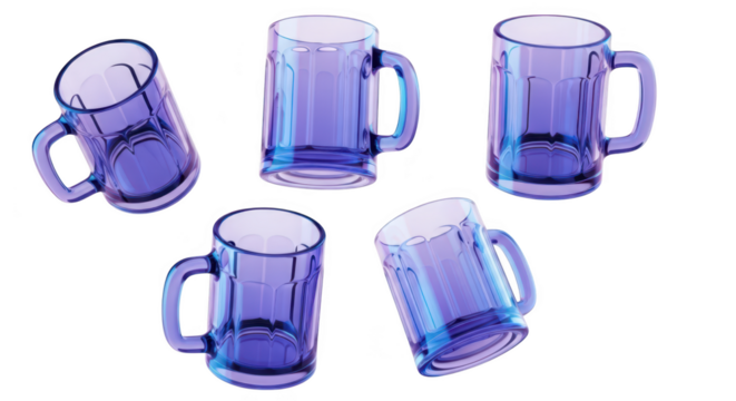 Five translucent blue beer mugs floating against a white background suitable for drinkware advertising or design projects