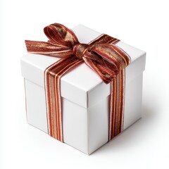 Obraz premium A white box with a red and gold ribbon