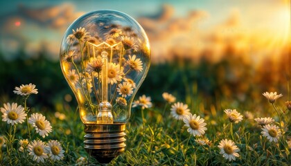 a glowing lightbulb filled with delicate white daisies stands amidst a vibrant field of similar blooms under a warm sunset sky.