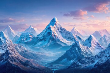 Fototapeta premium majestic snowy mountain peaks glowing in soft sunrise light, blue sky with pastel clouds, ultra-sharp details, no text.