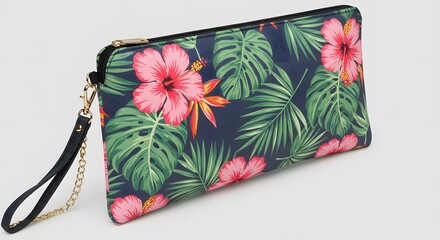 Tropical plants wallet with gold ziper on white background
