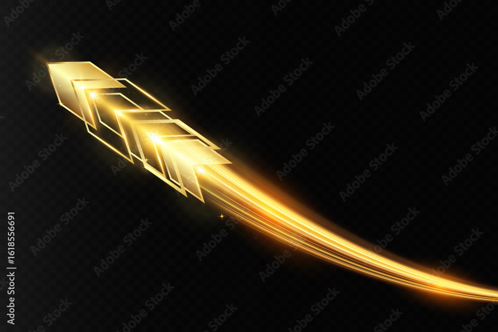 Poster golden glowing arrow with light trail, shiny dynamic tech symbol, futuristic abstract direction shap