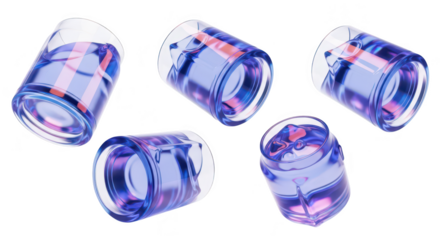 Five clear glass cups with water inside tilted at different angles showing a fluid wave pattern set against a plain white backdrop for abstract design