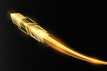 Golden glowing arrow with light trail, shiny dynamic tech symbol, futuristic abstract direction shape on dark background, fast motion speed concept.