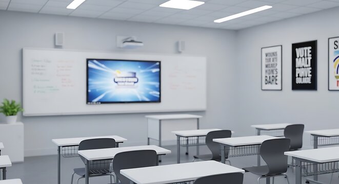 Modern classroom interior with interactive whiteboard and projector.
