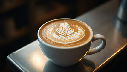 A cup of coffee with latte art on a metal surface