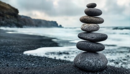a carefully balanced stack of smooth, gray stones rests on a black sand beach with a blurred ocean and dramatic cliffs in the background.