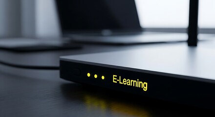 Close-up of a black router with the words "E-Learning" displayed, suggesting online education.