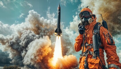 a suited figure wearing a gas mask observes a rocket launching amidst swirling smoke and dramatic clouds.