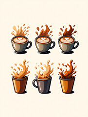 Six stylized coffee cups with colorful splashes, isolated on white background