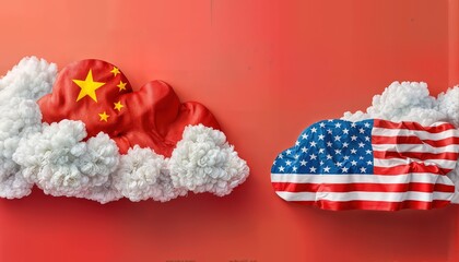 a conceptual image depicting clouds shaped as china and the united states, each draped with its respective national flag on a solid red background.