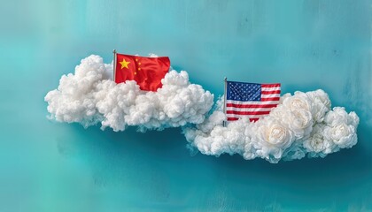 a conceptual still life featuring the flags of china and the united states planted in fluffy white floral arrangements against a vibrant teal background.