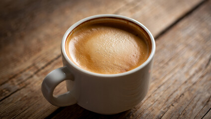 A closeup of a white cup filled with hot espresso coffee on a wooden table