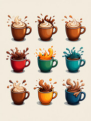 A collection of colorful coffee cups with splashes of liquid