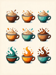 A collection of colorful coffee cups with whipped cream and splashes