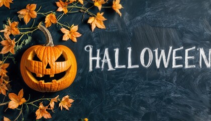 a jack-o'-lantern with a cheerful carved face rests amongst autumnal leaves against a textured dark green background displaying the word "halloween" in elegant white lettering.