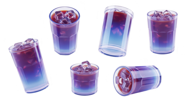 Various angled shots of iced coffee with blue gradient layers showcasing refreshing beverages isolated on white for promotional use