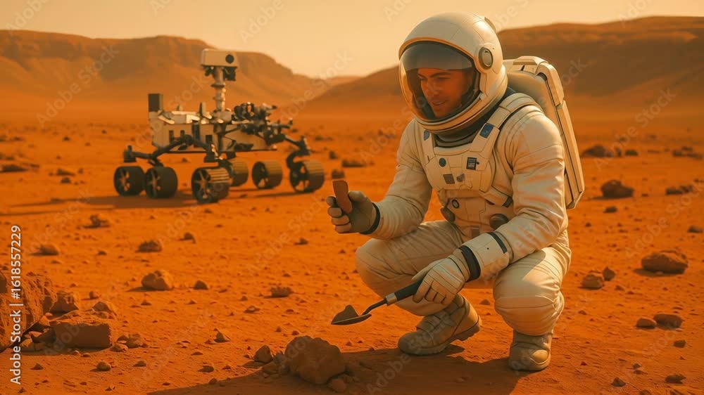 Poster astronaut in white spacesuit crouching and collecting rock samples on orange martian landscape with 