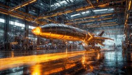 a massive, futuristic airship glows with internal light within a cavernous, industrial hangar filled with blurred figures and complex overhead structures.