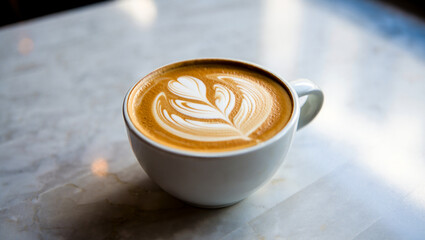 A delicious latte with artful foam in a white cup on a marble table