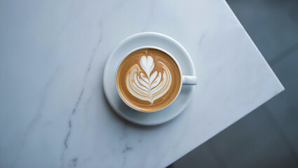 A topdown view of a latte with intricate art on a marble surface