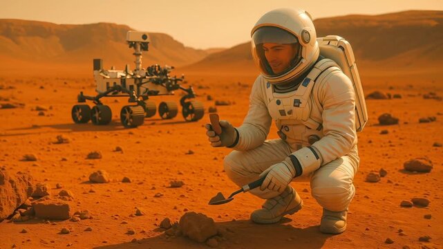 Astronaut in white spacesuit crouching and collecting rock samples on orange Martian landscape with robotic rover in background. Rocky terrain with mountain ranges under golden sky.
