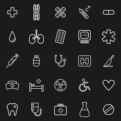 25 Minimal Medical Icons – Healthcare Symbols and Treatment Tools in White on Black for UI & Digital Design