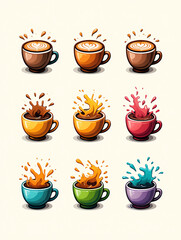 Collection of nine colorful cups of coffee with splashes and steam