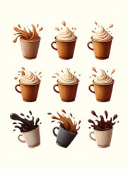 Collection of coffee cups with frothy cream and splashes isolated on white background