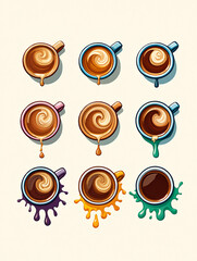 Collection of nine coffee cups with latte art and splashes, isolated on white background