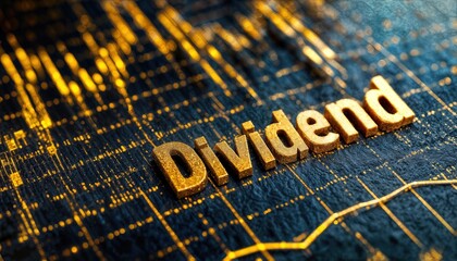 a close-up view of golden "dividend" lettering displayed over a dark blue background with glowing financial data visualizations.
