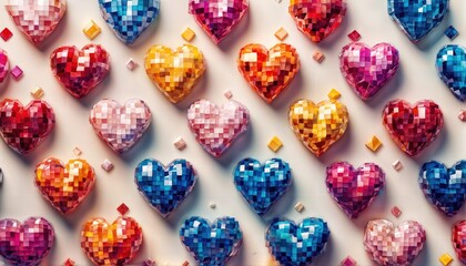 a vibrant and colorful arrangement of pixelated hearts scattered across a textured white surface creates a playful and modern aesthetic.