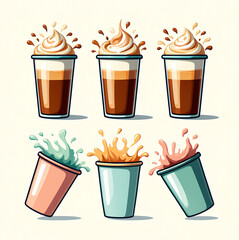 Assortment of stylized iced coffee drinks with splashes and whipped cream