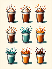 Collection of colorful iced coffee drinks with whipped cream and splashes