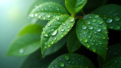 Sunlight filters through lush green leaves covered in glistening water droplets