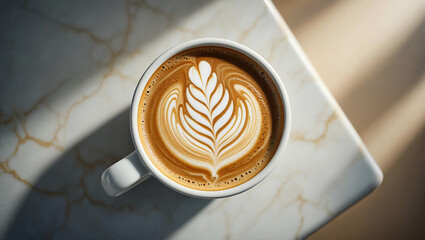 Overhead view of a latte with intricate foam art in a white cup