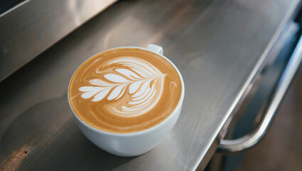 A closeup overhead view of a latte with intricate foam art on a metal surface