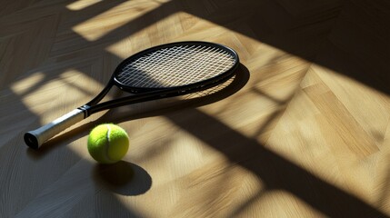 A Close-Up of a Tennis Racket and a Bright Yellow Tennis Ball Resting on a Wooden Surface Under Dynamic Shadows in a Softly Lit Environment