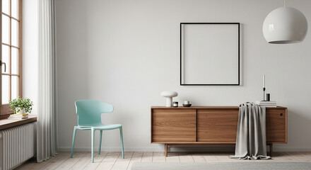 Modern wall frame mockup, minimalist cabinet setup with aqua chair in bright neutral interior for artwork poster display design scene layout home decor concept

