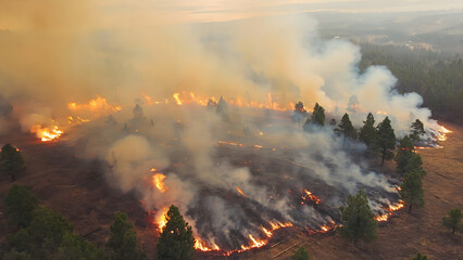 Drone View of Forest Fire Burning Meadow with Smoke and Charred Grass