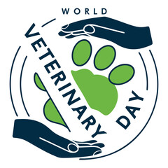 Vector art of world veterinary day logo with paw print and hands